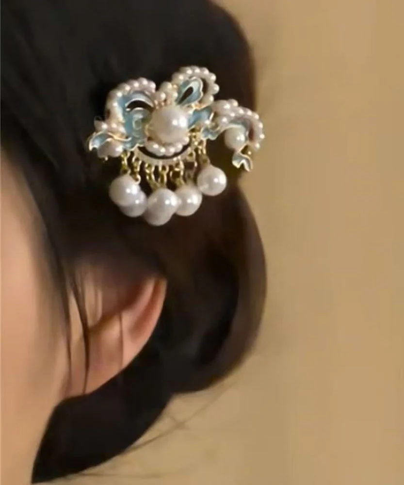 Boutique Blue Alloy Auspicious Clouds Pearl Tassel Single Hairpin - Image 3