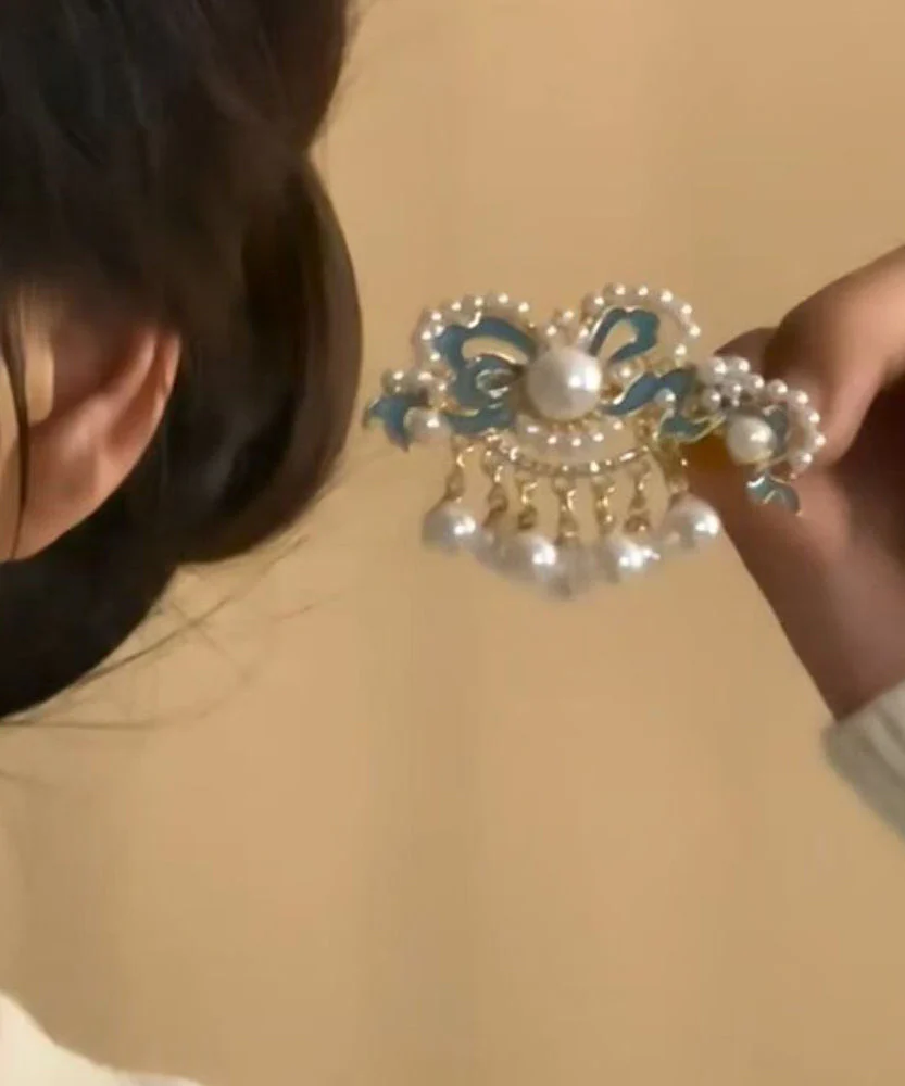 Boutique Blue Alloy Auspicious Clouds Pearl Tassel Single Hairpin - Image 4