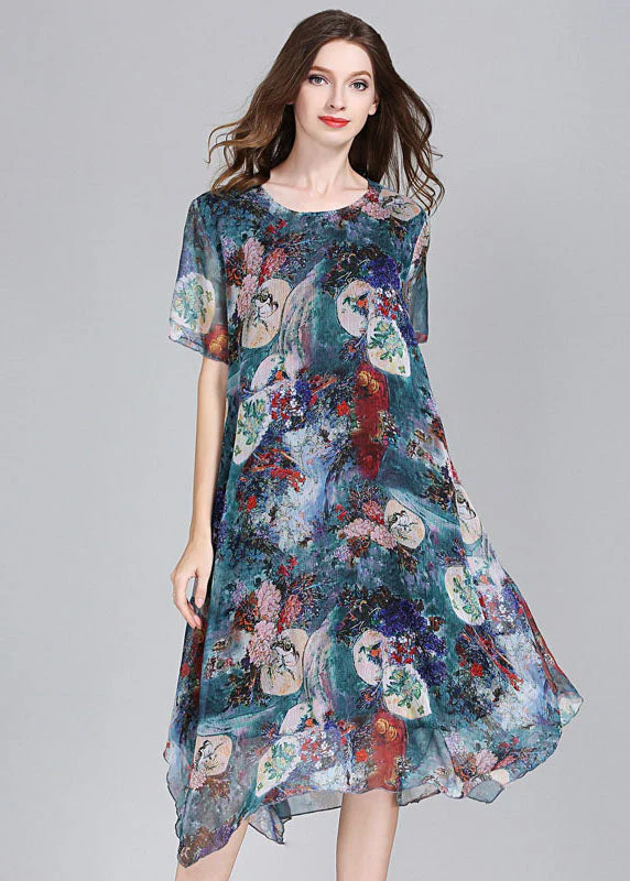 Boutique Blue Asymmetrical Print Patchwork Chiffon Mid Dress Summer - Image 3