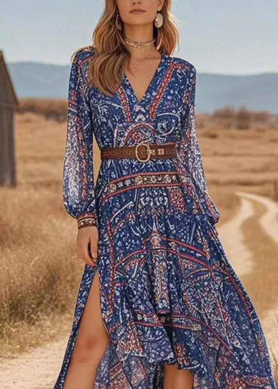 Boutique Blue Asymmetrical Side Open Vacation Chiffon Maxi Dresses Spring - Image 2