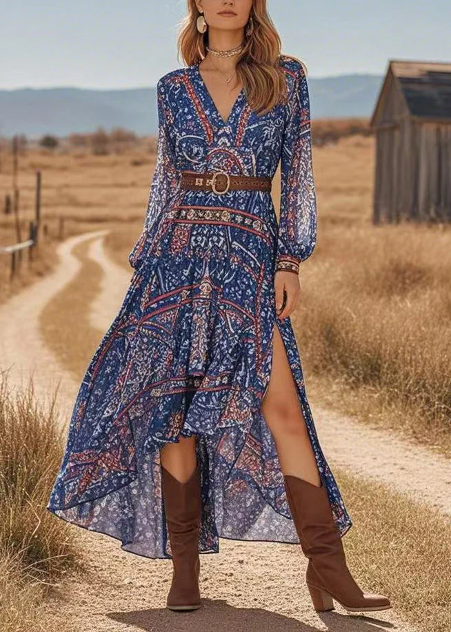 Boutique Blue Asymmetrical Side Open Vacation Chiffon Maxi Dresses Spring - Image 3