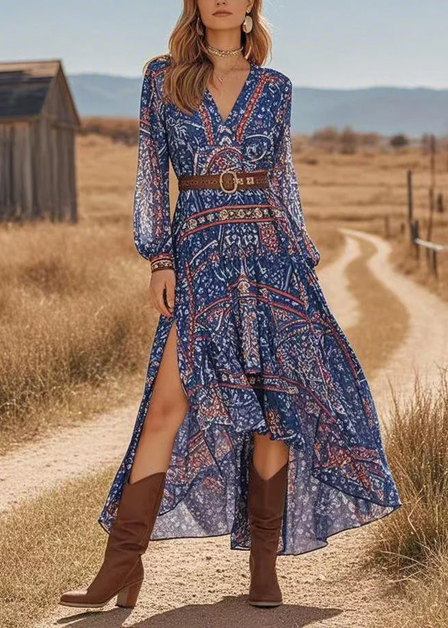Boutique Blue Asymmetrical Side Open Vacation Chiffon Maxi Dresses Spring - Image 5