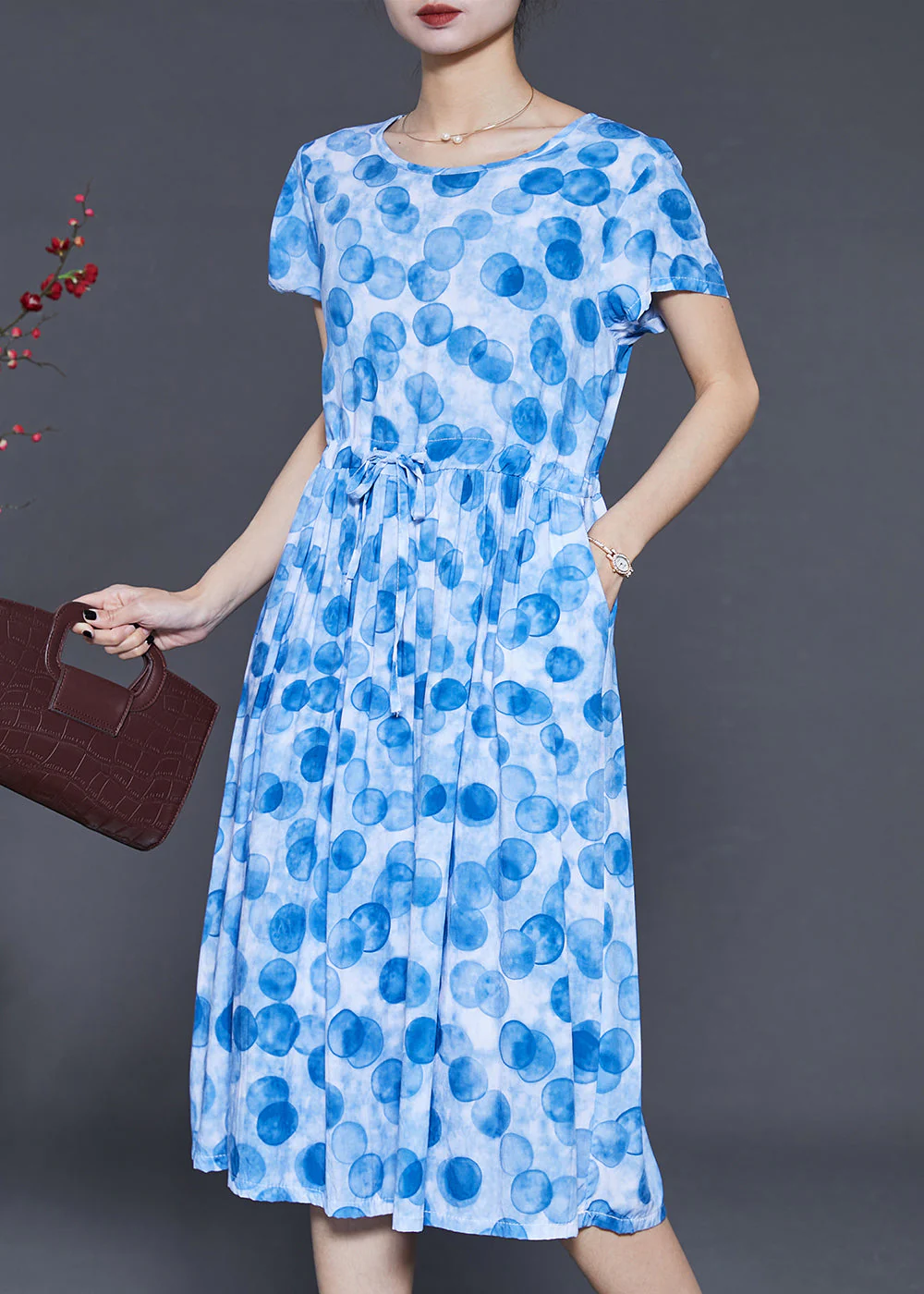 Boutique Blue Cinched Print Cotton Dress Summer - Image 2