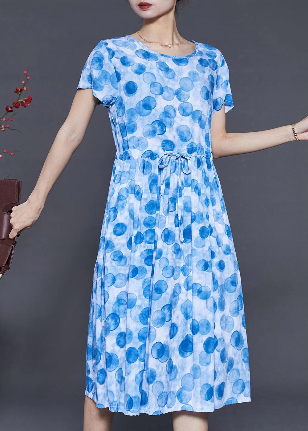 Boutique Blue Cinched Print Cotton Dress Summer - Image 3