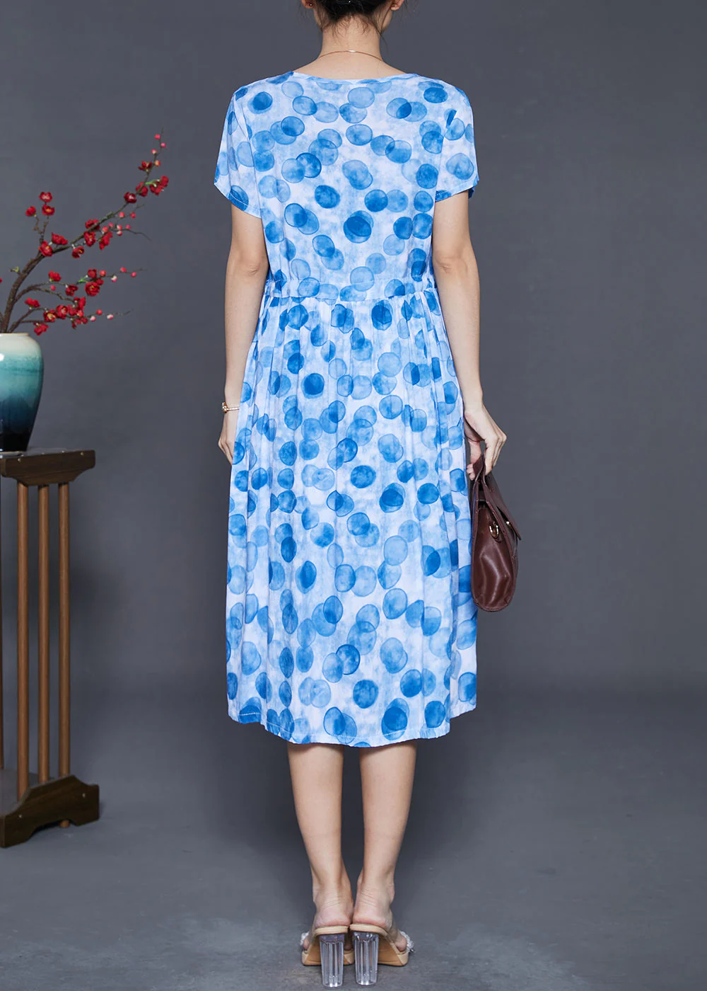 Boutique Blue Cinched Print Cotton Dress Summer - Image 4
