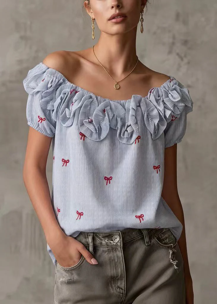 Boutique Blue Cold Shoulder Butterfly Cotton Tops Summer - Image 3