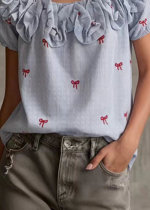 Boutique Blue Cold Shoulder Butterfly Cotton Tops Summer - Image 4