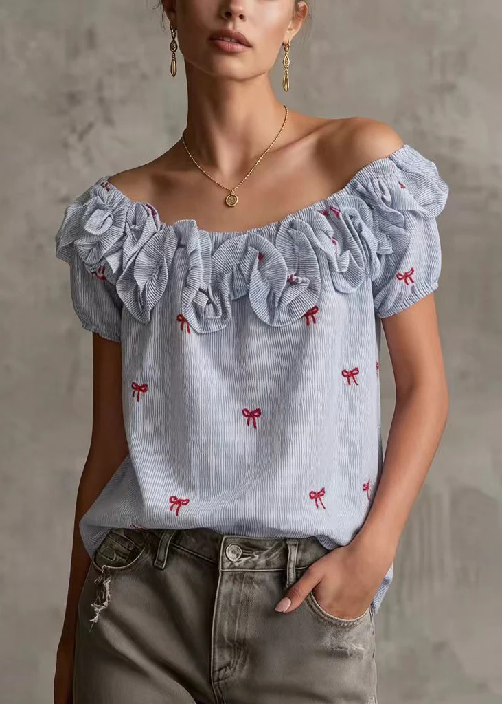 Boutique Blue Cold Shoulder Butterfly Cotton Tops Summer - Image 5