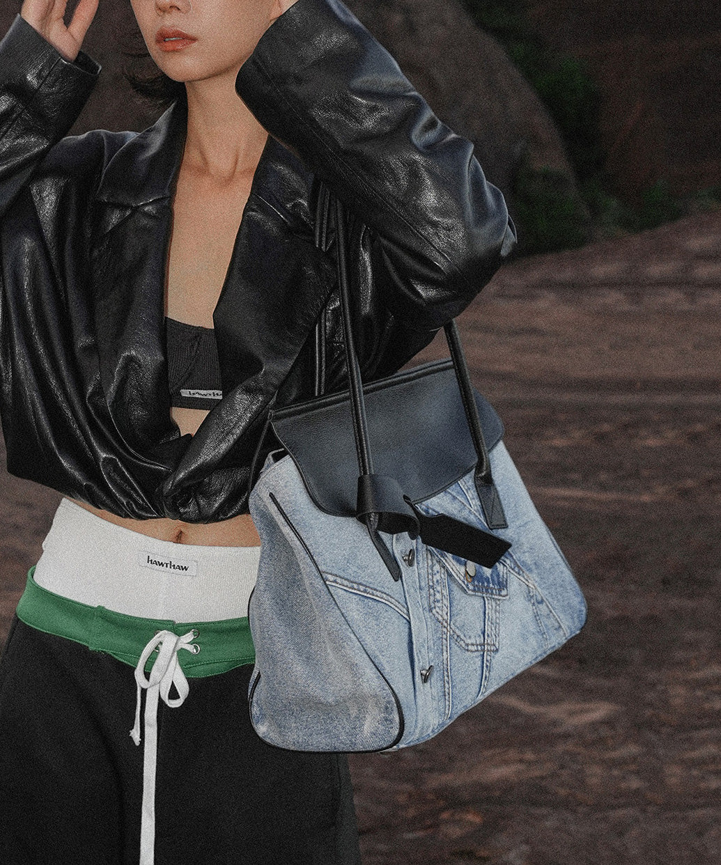 Boutique Blue Denim Patchwork Calf Leather Shoulder Bag - Image 4