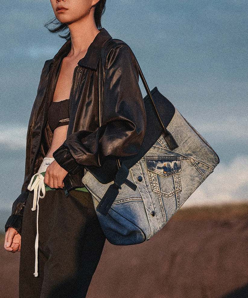 Boutique Blue Denim Patchwork Calf Leather Shoulder Bag - Image 5
