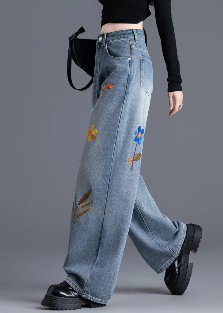 Boutique Blue Embroidered Floral Denim Straight Pants Spring - Image 3