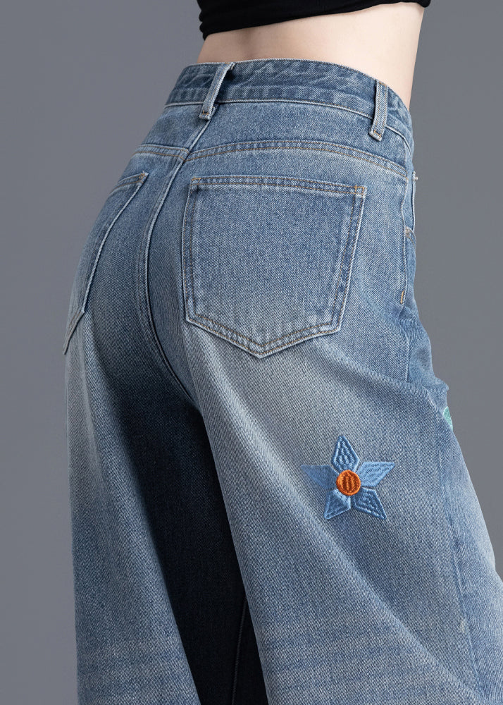 Boutique Blue Embroidered Floral Denim Straight Pants Spring - Image 4
