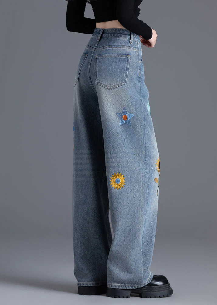 Boutique Blue Embroidered Floral Denim Straight Pants Spring - Image 5