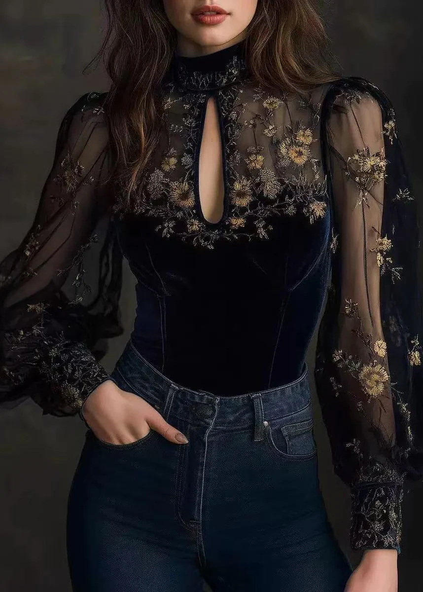 Boutique Blue Embroidered Tulle Patchwork Velour Top Spring - Image 3