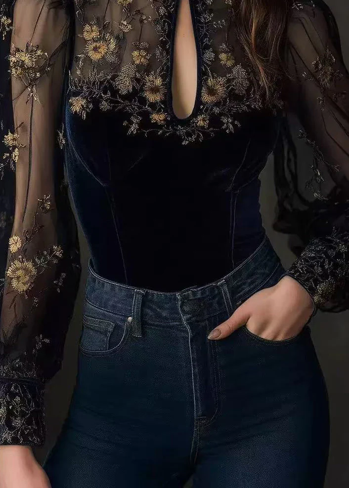 Boutique Blue Embroidered Tulle Patchwork Velour Top Spring - Image 4