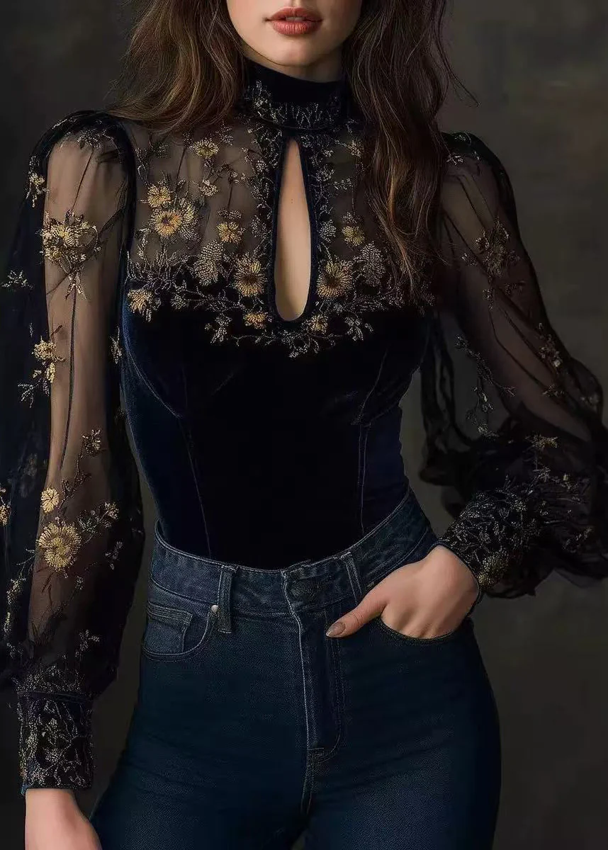 Boutique Blue Embroidered Tulle Patchwork Velour Top Spring - Image 5