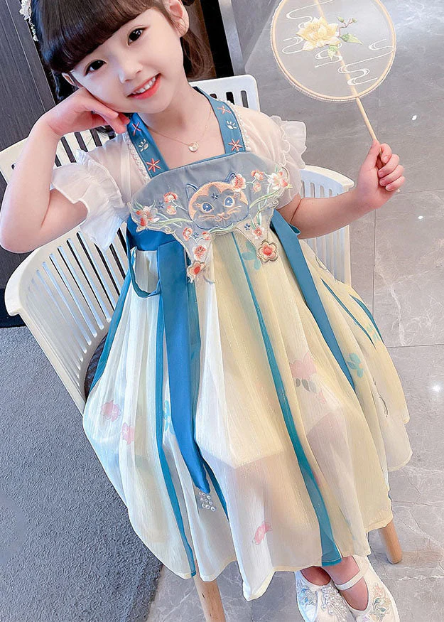Boutique Blue Embroideried Cats Patchwork Chiffon Baby Girls Dresses Summer - Image 2