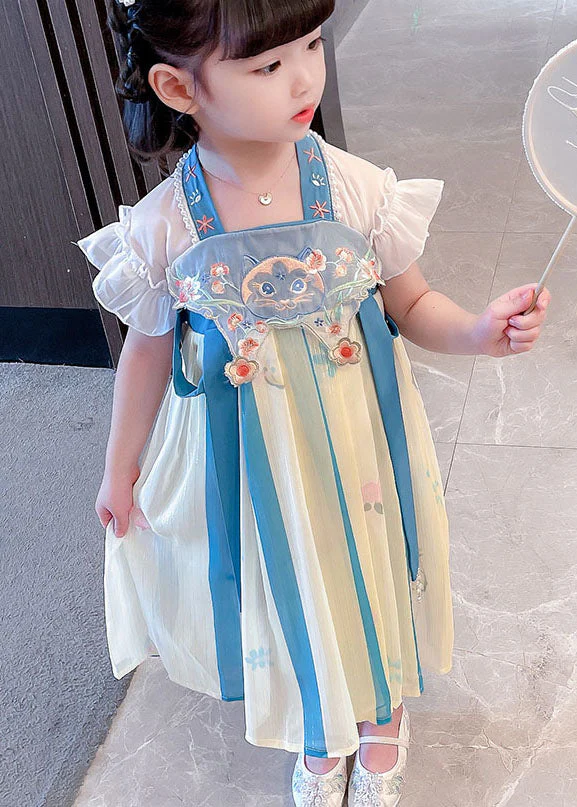 Boutique Blue Embroideried Cats Patchwork Chiffon Baby Girls Dresses Summer - Image 3