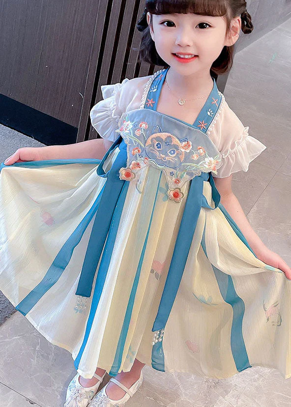 Boutique Blue Embroideried Cats Patchwork Chiffon Baby Girls Dresses Summer - Image 4