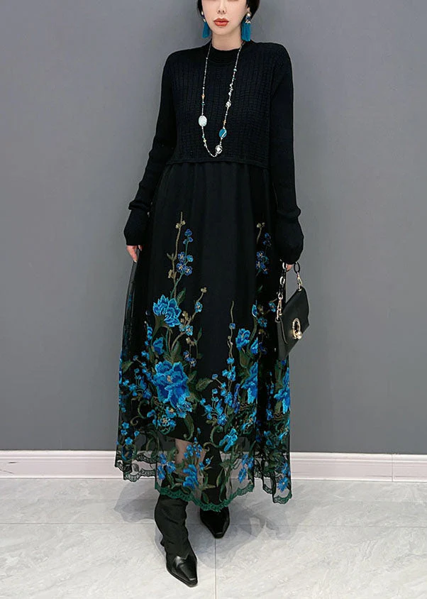 Boutique Blue Embroideried Patchwork Knit Maxi Dress Spring - Image 3