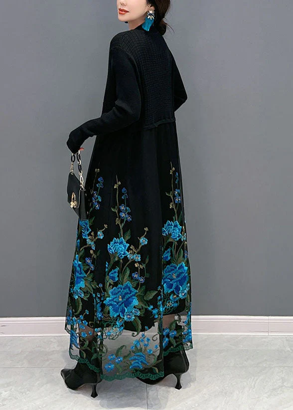 Boutique Blue Embroideried Patchwork Knit Maxi Dress Spring - Image 4