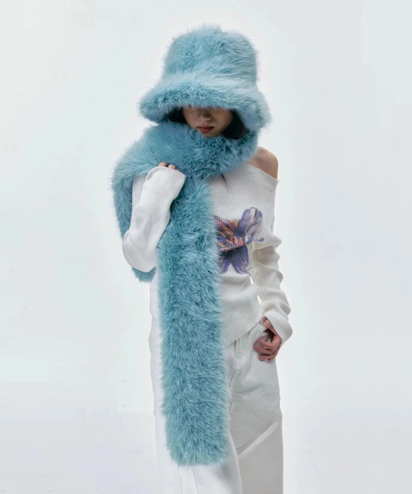 Boutique Blue Fuzzy Fur Fluffy Warm Bucket Hat Scarf Set - Image 2