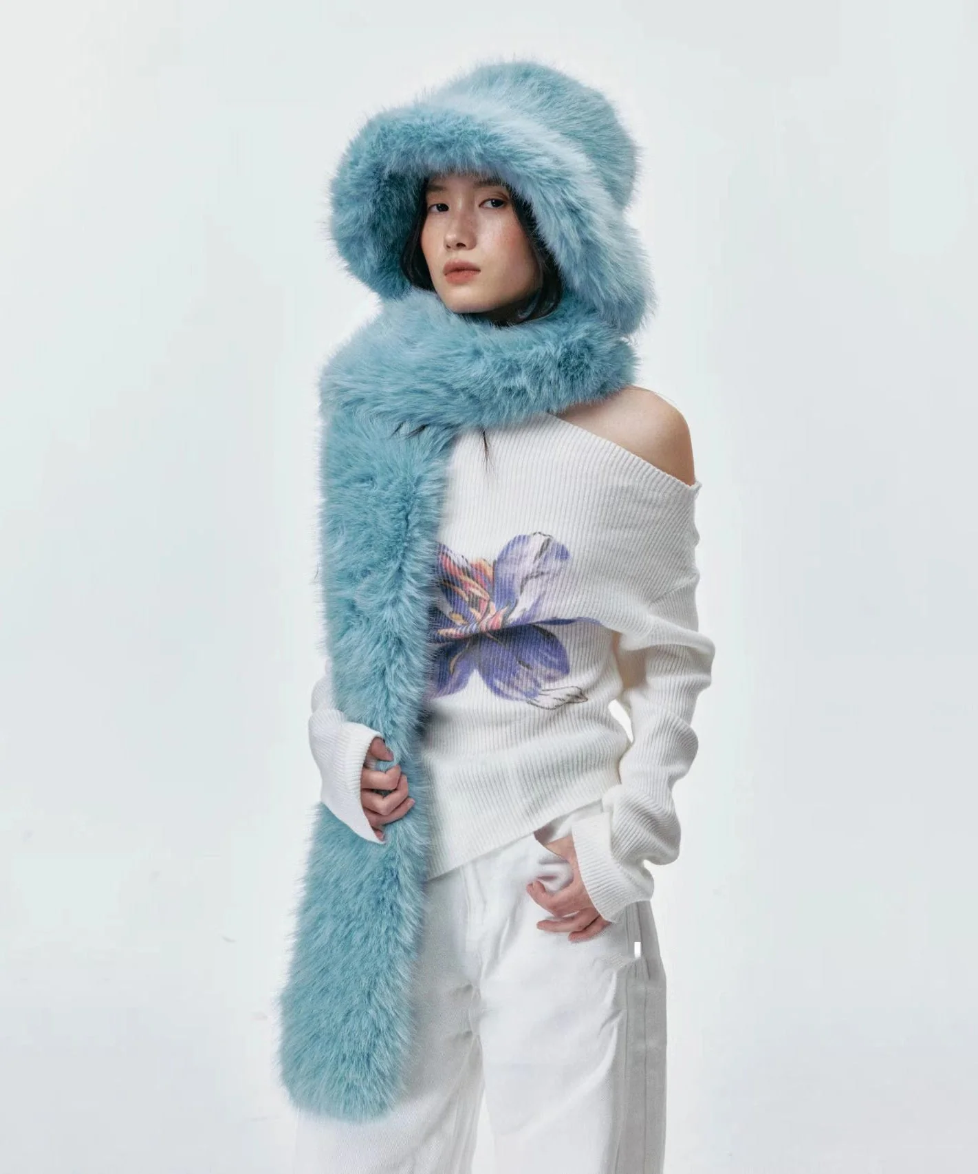 Boutique Blue Fuzzy Fur Fluffy Warm Bucket Hat Scarf Set - Image 3