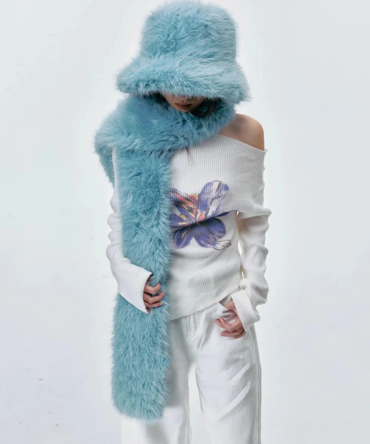 Boutique Blue Fuzzy Fur Fluffy Warm Bucket Hat Scarf Set - Image 4