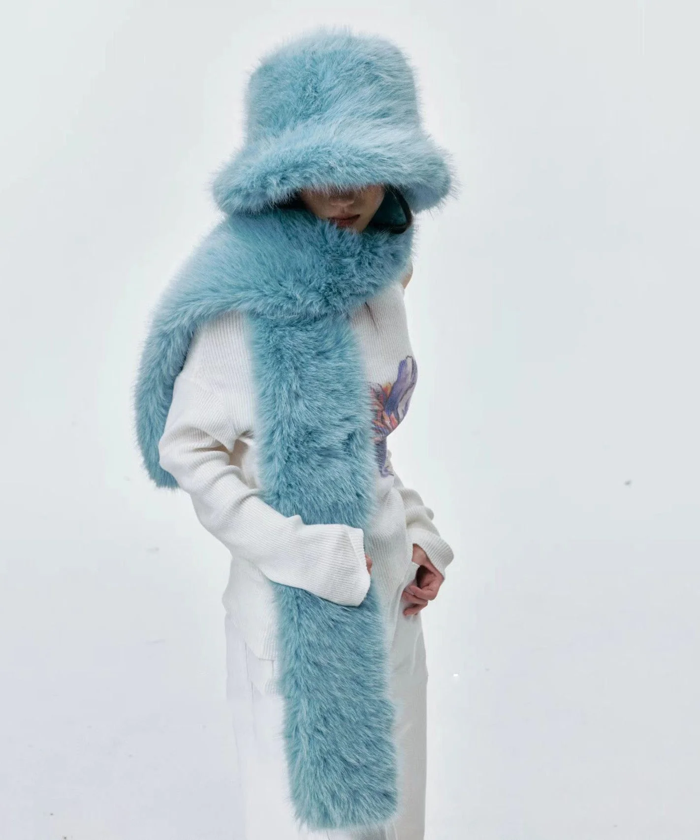Boutique Blue Fuzzy Fur Fluffy Warm Bucket Hat Scarf Set - Image 5