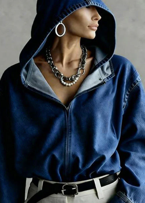 Boutique Blue Hooded Loose Denim Top Spring - Image 2