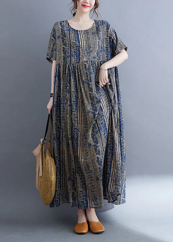 Boutique Blue O-Neck Cinched Print Extra large hem Holiday Dress Short Sleeve - Image 2