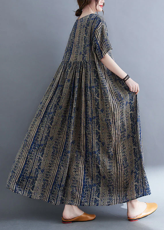 Boutique Blue O-Neck Cinched Print Extra large hem Holiday Dress Short Sleeve - Image 5