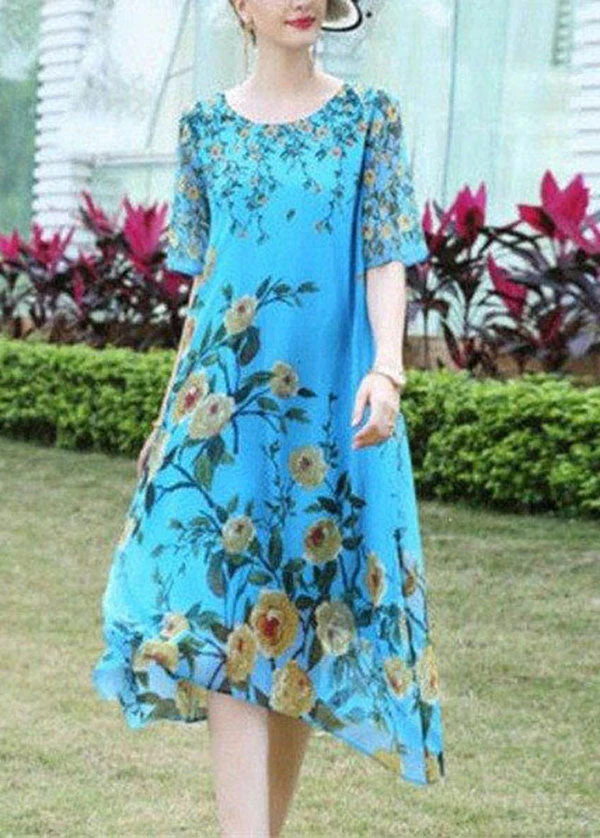 Boutique Blue O-Neck Floral Print Exra Large Hem Silk Dress Short Sleeve - Image 2