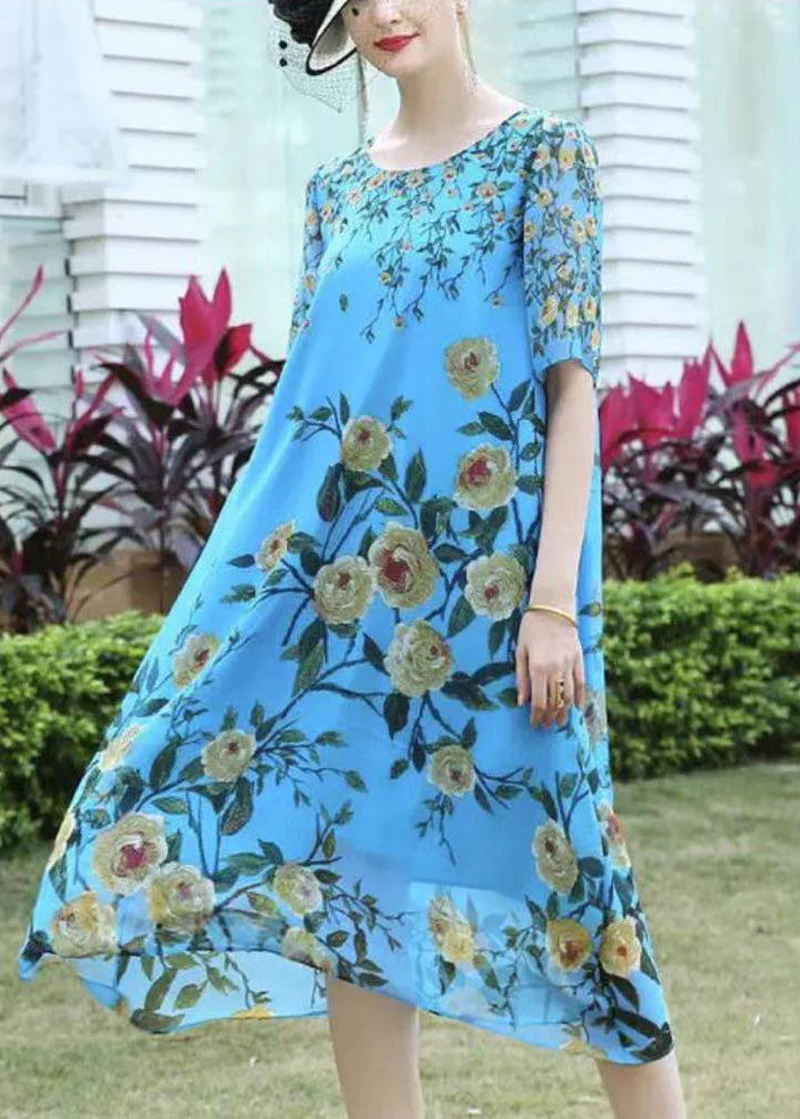 Boutique Blue O-Neck Floral Print Exra Large Hem Silk Dress Short Sleeve - Image 3