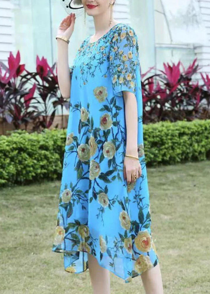 Boutique Blue O-Neck Floral Print Exra Large Hem Silk Dress Short Sleeve - Image 4