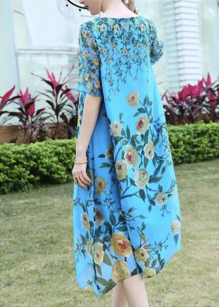 Boutique Blue O-Neck Floral Print Exra Large Hem Silk Dress Short Sleeve - Image 5