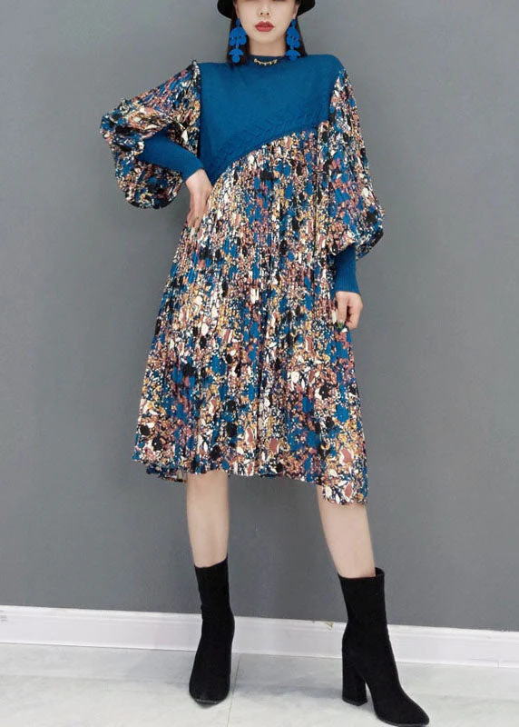 Boutique Blue O-Neck knit Patchwork Chiffon Holiday Dress Spring - Image 2