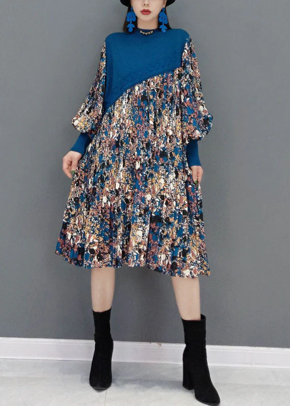Boutique Blue O-Neck knit Patchwork Chiffon Holiday Dress Spring - Image 3