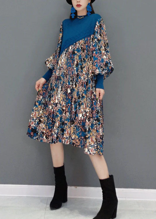 Boutique Blue O-Neck knit Patchwork Chiffon Holiday Dress Spring - Image 4