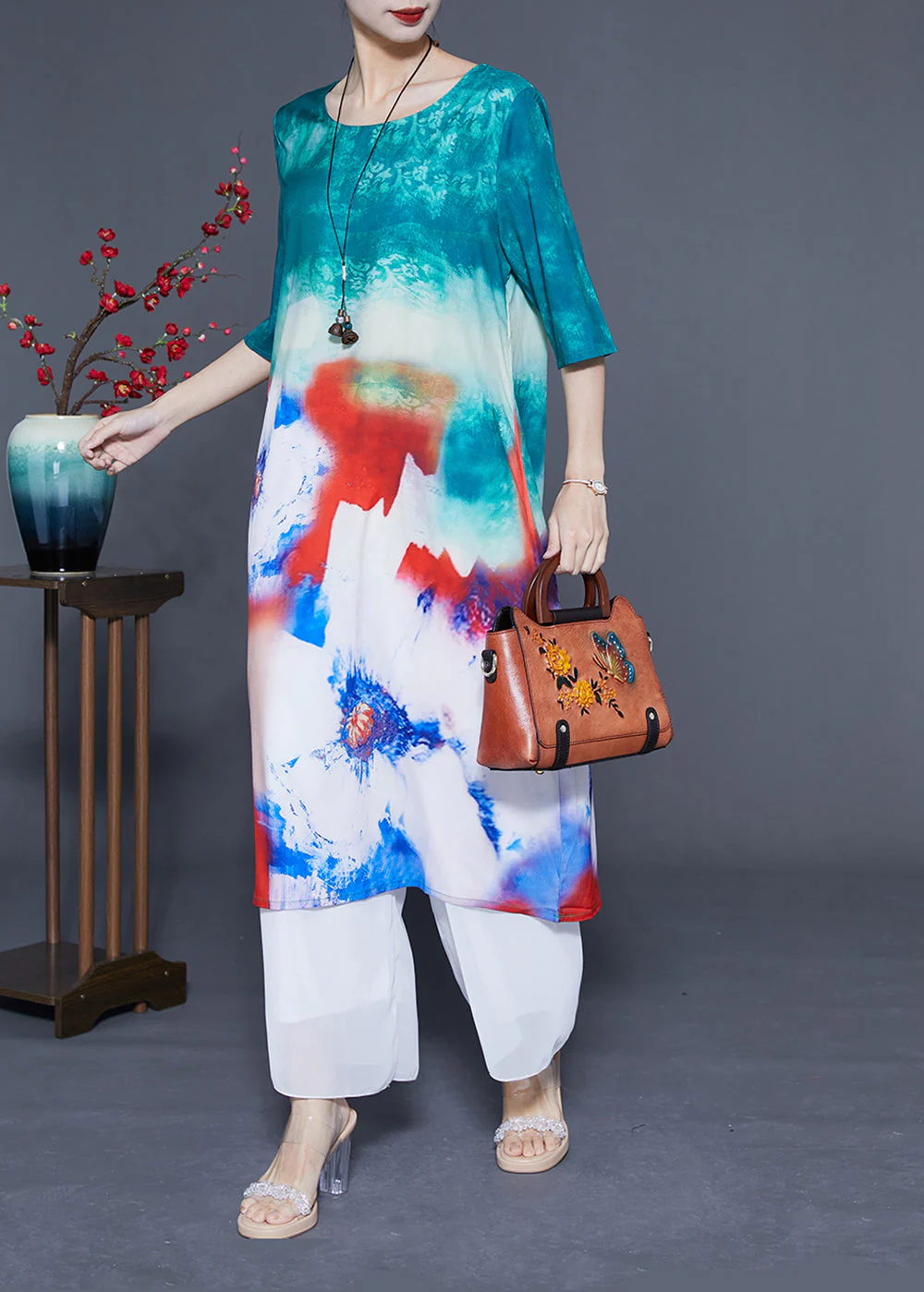 Boutique Blue O-Neck Tie Dye Silk Long Dress Half Sleeve - Image 2