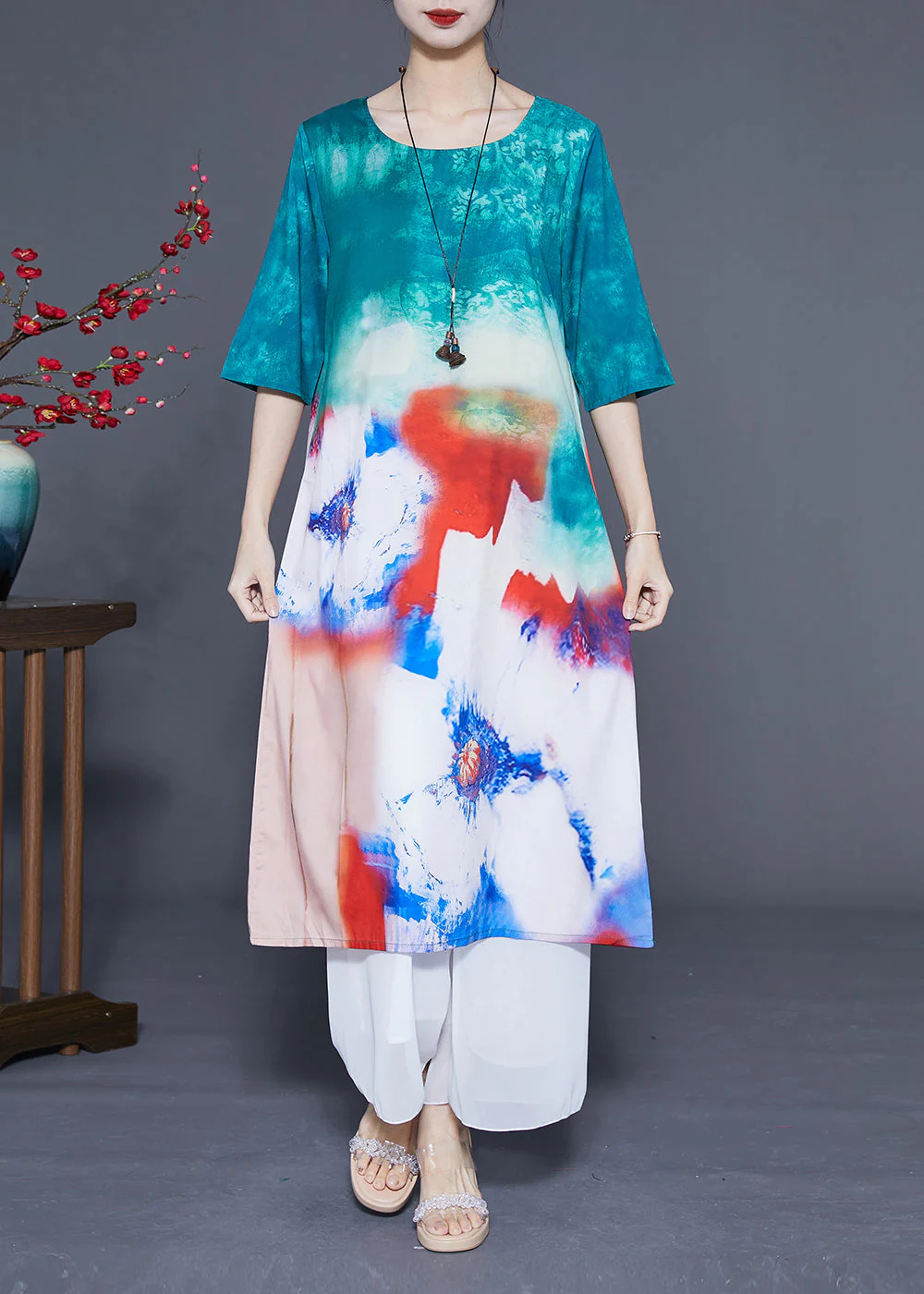 Boutique Blue O-Neck Tie Dye Silk Long Dress Half Sleeve - Image 3