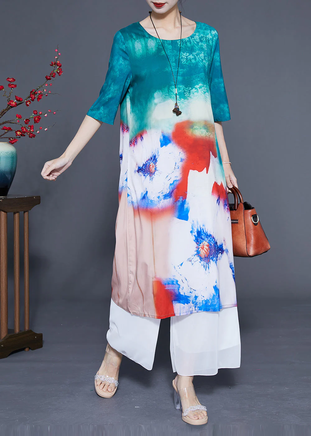 Boutique Blue O-Neck Tie Dye Silk Long Dress Half Sleeve - Image 4