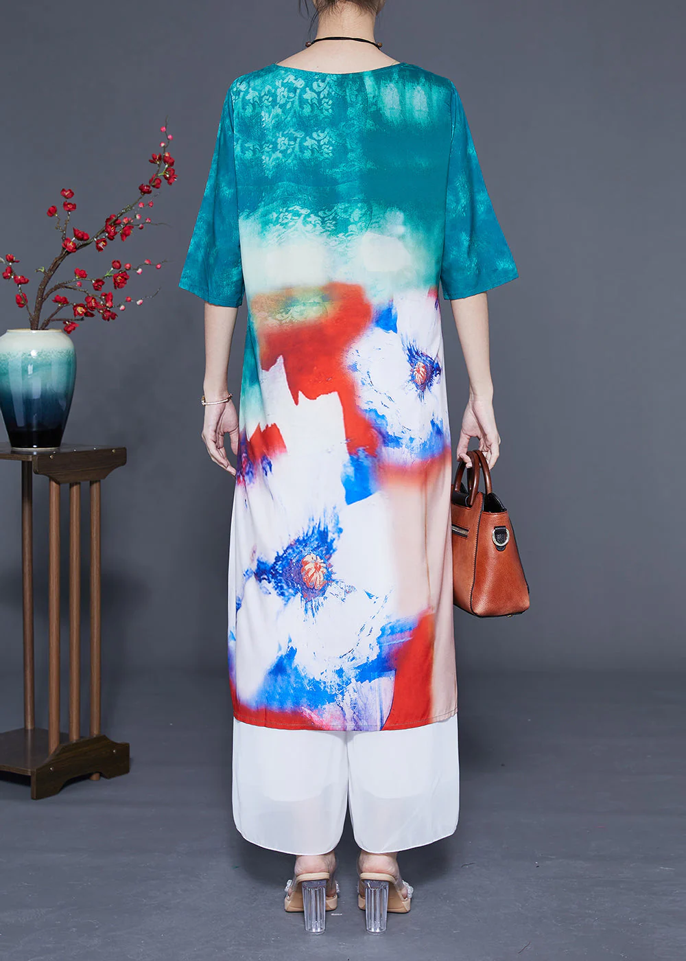 Boutique Blue O-Neck Tie Dye Silk Long Dress Half Sleeve - Image 5