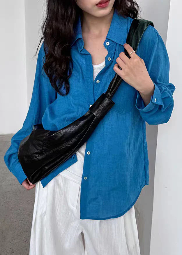 Boutique Blue Patchwork Button Solid Shirt Spring - Image 2