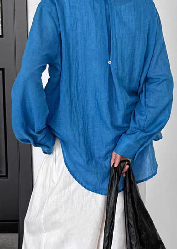 Boutique Blue Patchwork Button Solid Shirt Spring - Image 3