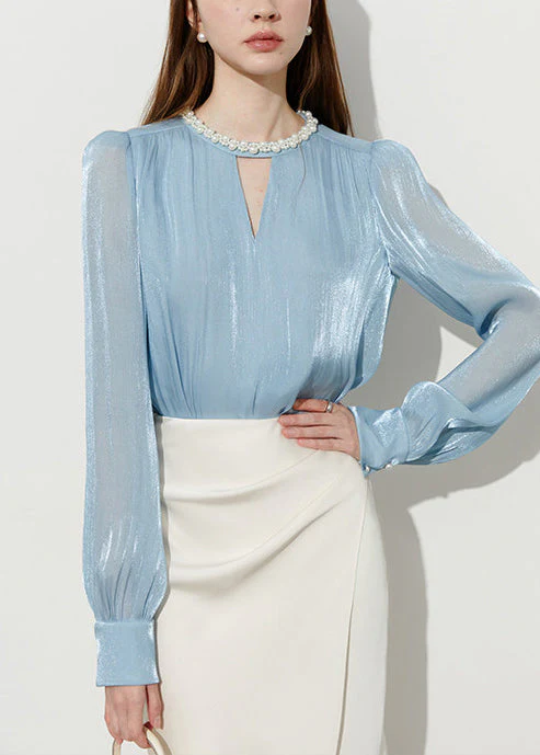 Boutique Blue Pearl Draping Silk Shitr Tops Spring