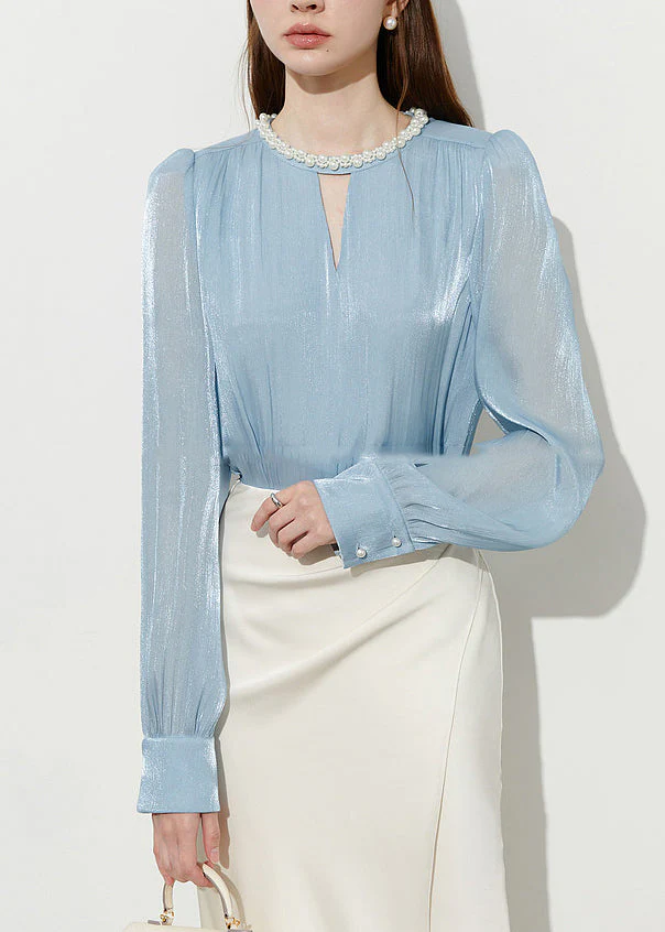 Boutique Blue Pearl Draping Silk Shitr Tops Spring - Image 2