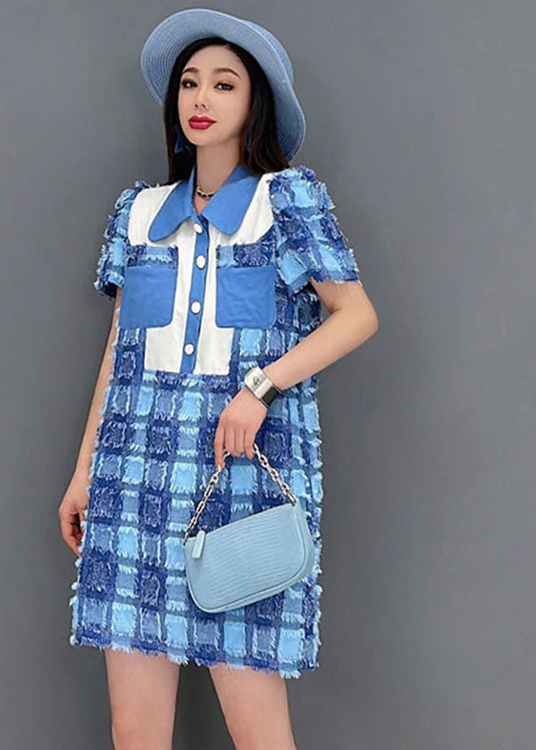 Boutique Blue Peter Pan Collar Button Plaid Cotton Mini Dresses Short Sleeve - Image 2