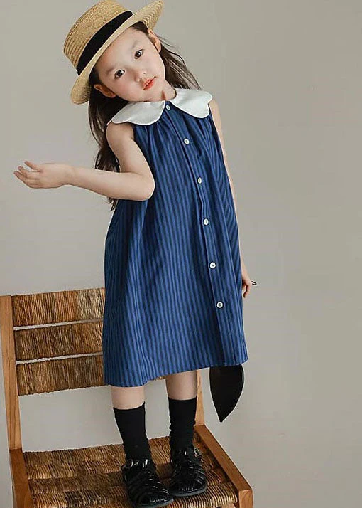 Boutique Blue Peter Pan Collar Striped Patchwork Cotton Baby Girls Dresses Summer - Image 2