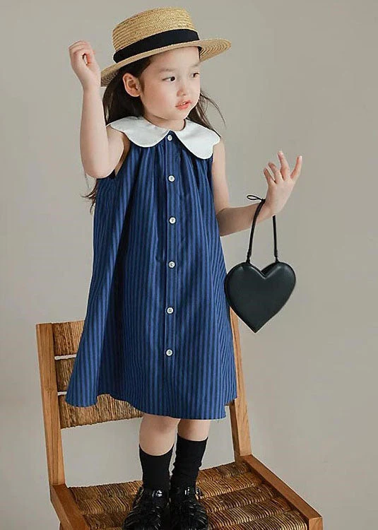 Boutique Blue Peter Pan Collar Striped Patchwork Cotton Baby Girls Dresses Summer - Image 3